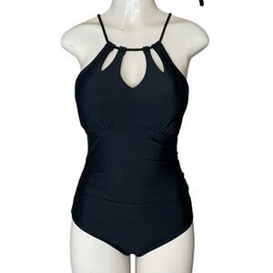 Merona Solid Black One Piece Swimsuit Open Tie Back Size Medium NWT